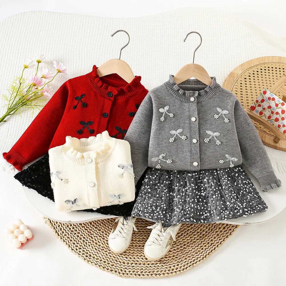 New Fashion Girls Pearl Rhinestones Knitting 2Pcs Sets for 18Ys Childrens SweaterSkirt Kids Classic Tweed Suits 2025 Outfits L250926WYS5