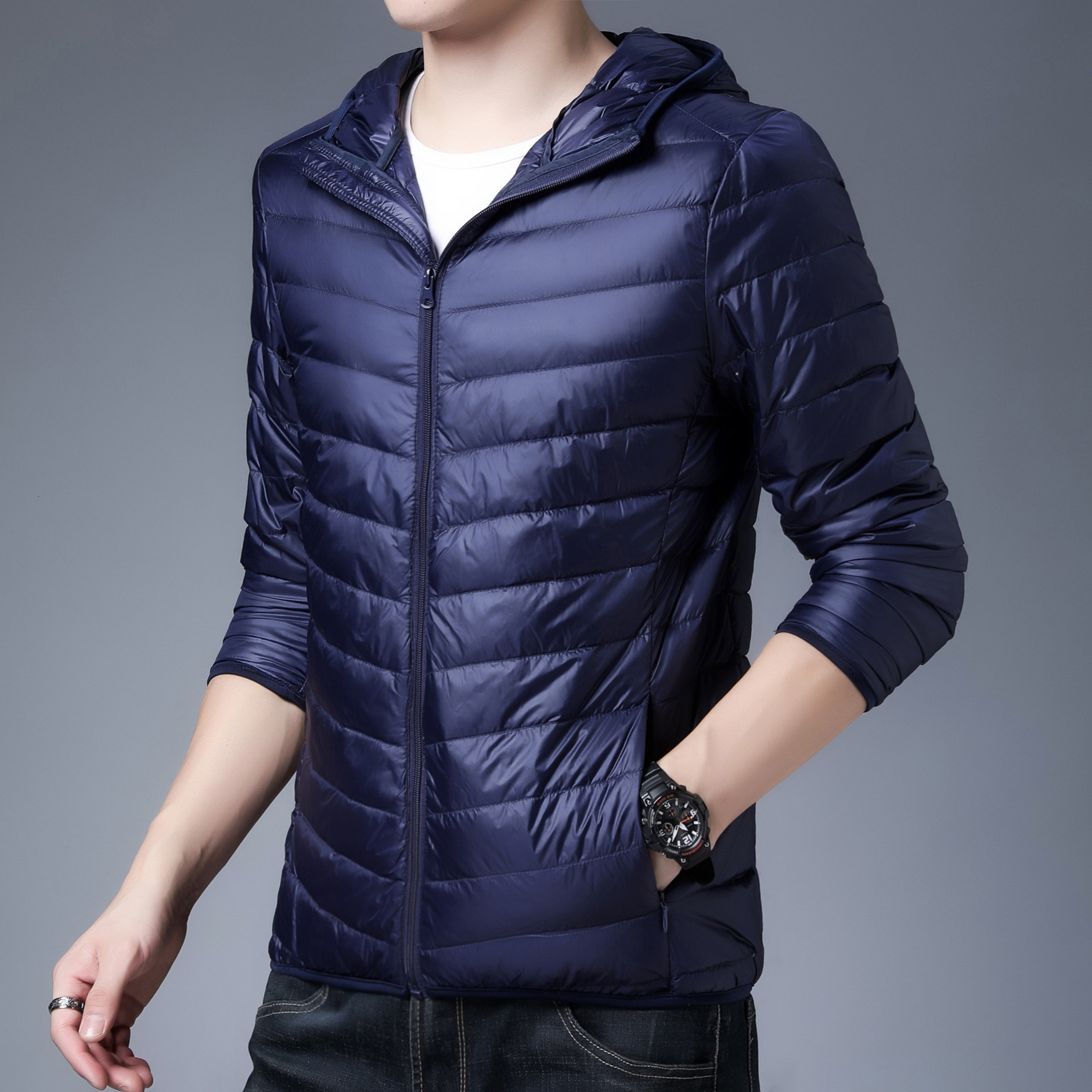 2025 New Lightweight Down Jacket Men's Hooded Stand Collar Short Large Size Men's Clothing for Middle-aged Lightweight Thin Style