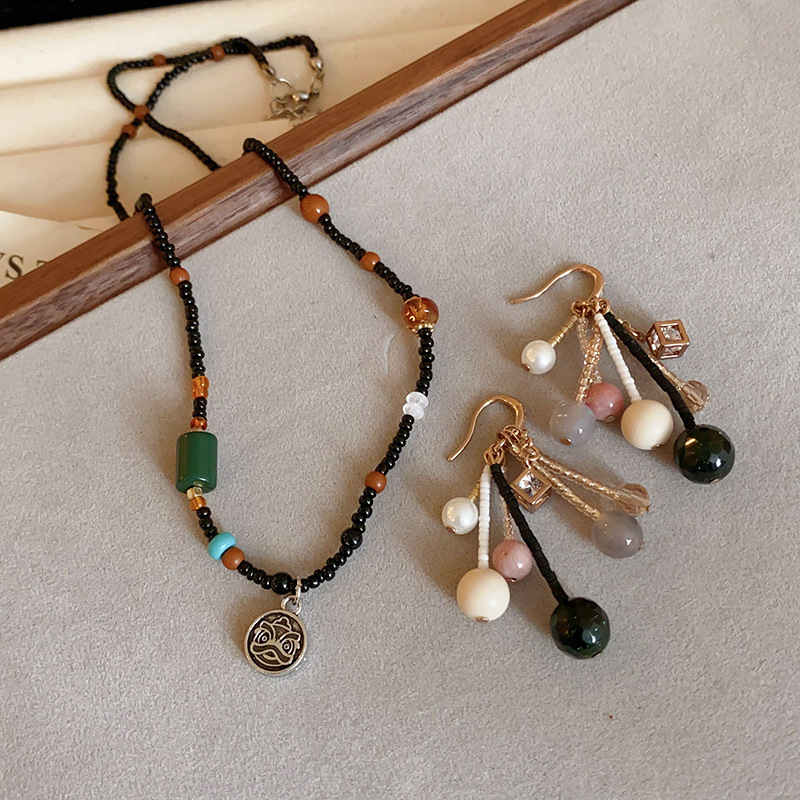 Gold - Toned Beaded Necklace And Multi - Bead Tassel Drop Earrings Set With Tribal Charm Delicate Daily & Elegant Jewelry Gift For Her High - Quality 