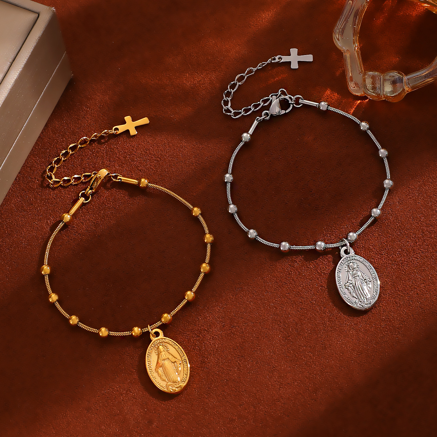 Lady Virgin Mary Cross Oval Stainless Steel Pendant Spacer Bead Chain Bracelet For Women