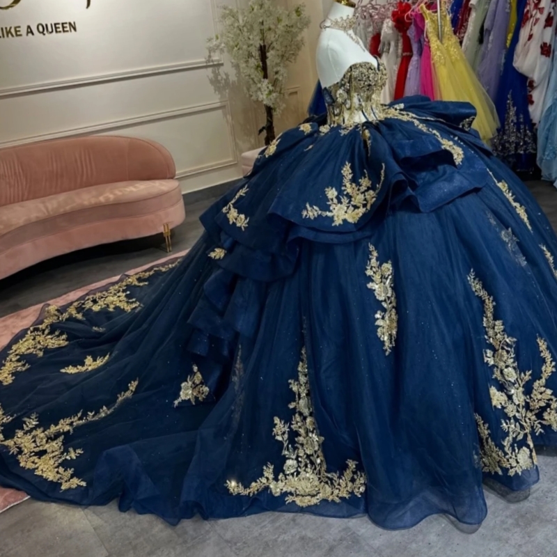 Navy Blue Shiny Off The Shoulder Quinceanera Dresses Gold Lace Applique Beading Bow Sweet 16 Vestidos De 15 Anos