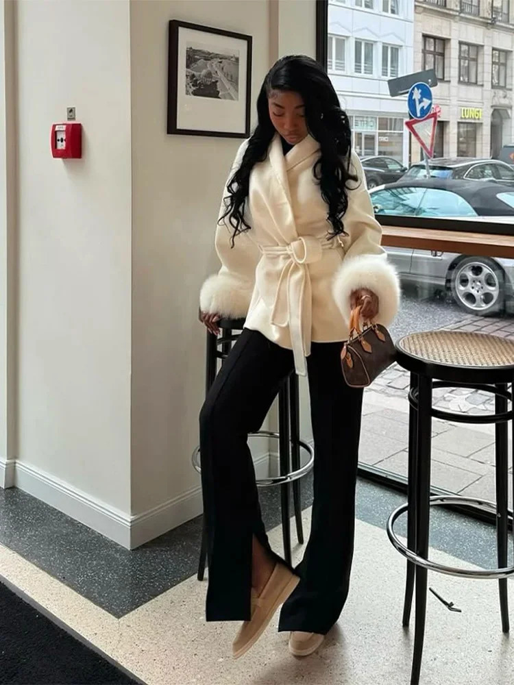 Elegant Lace Up Woolen Short Coat Solid Loose Lapel Furry Belt Long Sleeve Female Jacket Autumn Winter Lady Chic Cardigan 250922