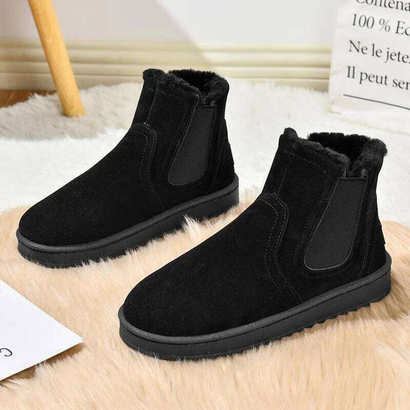 Men's outdoor minimalist slip-on fleece-lined warm flat-soled comfortable versatile ankle snow boots with non-slip function