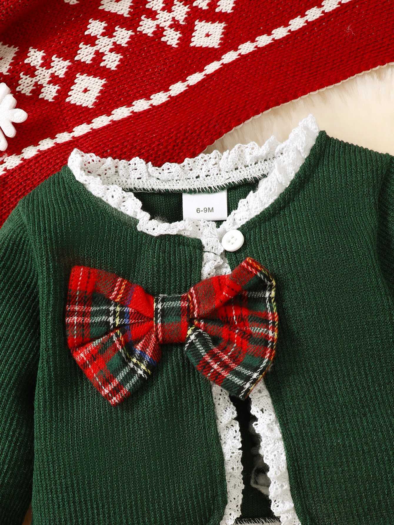Christmas Baby Girl Set Doll Collar Flip Collar Checkered DressKnitted Cardigan Coat Lace Casual Cute Two Piece Set L250926XD4X