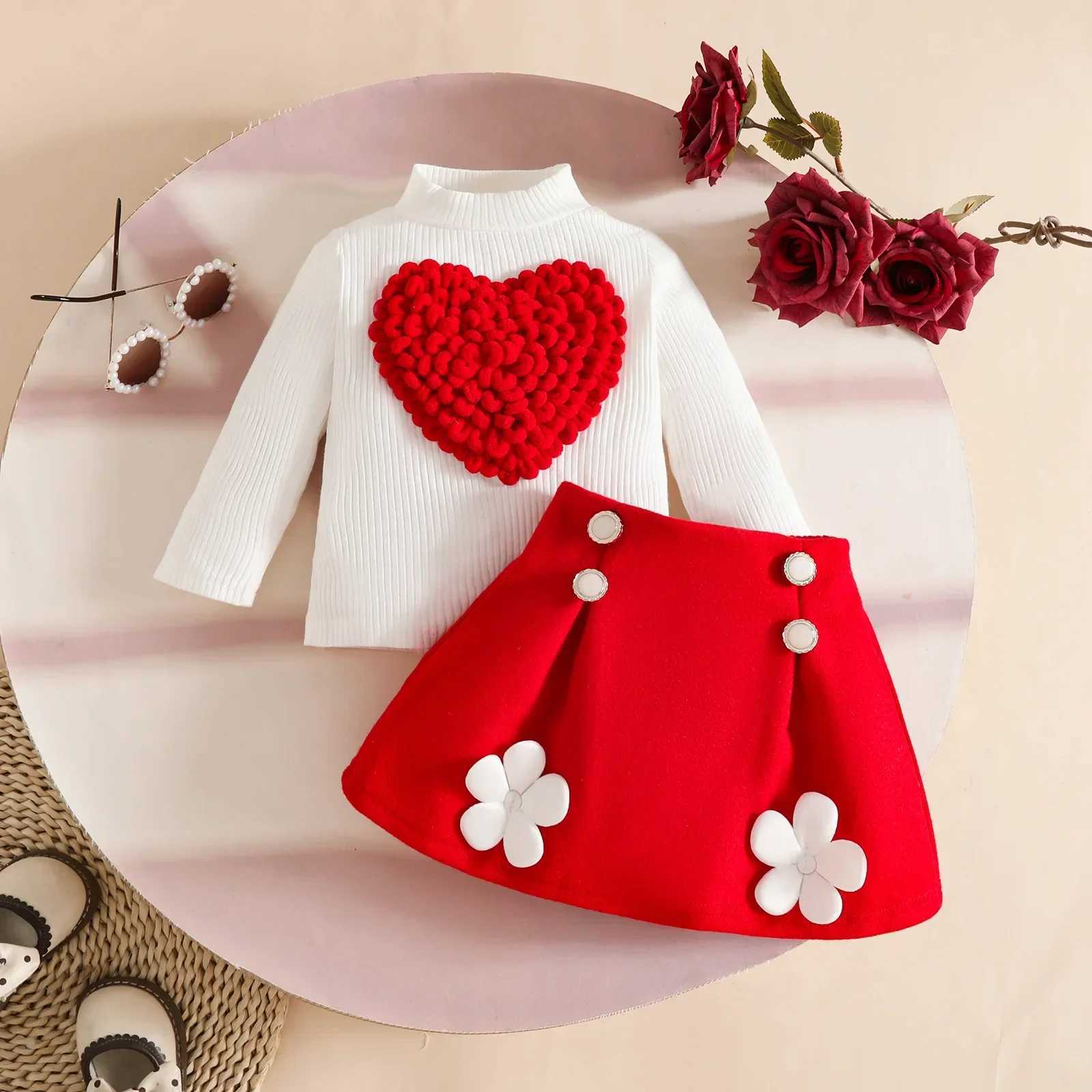 03Y Baby Newborn Items 2Pcs Sets Toddler Girl Mock Neck Heart Patch Top and Flower Button Skirt Sweet Casual Infant Outfit L250926MRK8