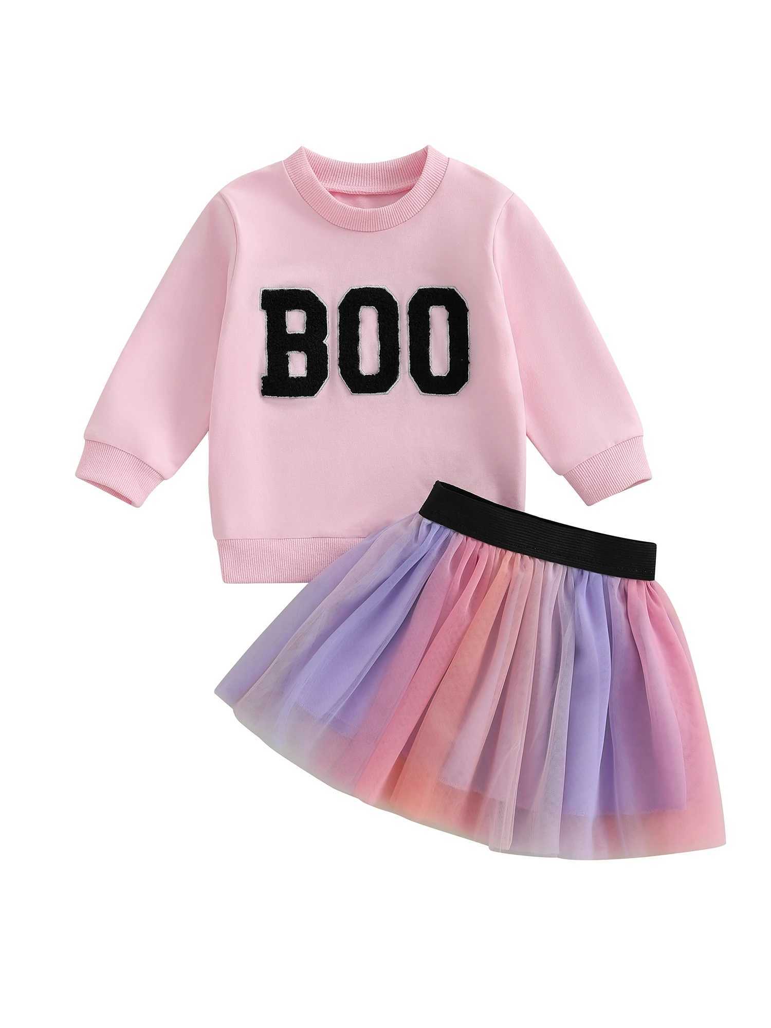 Cute Toddler Pumpkin Costume Embroidered Long Sleeve Sweatshirt Elastic Waist Tulle Skirt 2 Piece Set for Halloween Party L250926IPWZ