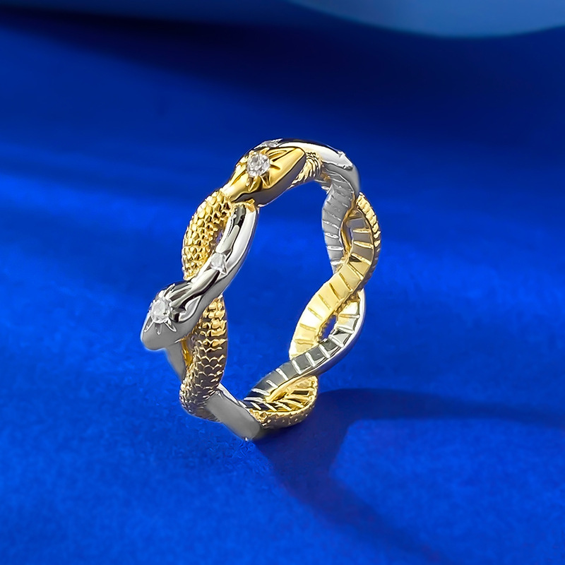 New S925 Silver Double Color Spirit Snake Wrapped Ring with Snake Skin Texture, Ancient Style Wedding Jewelry Design Sense
