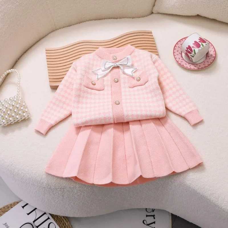 Baby girl spring and autumn set fashionable childrens sweater knitted round neck jacketshort skirt 2PCS L2509261CAA