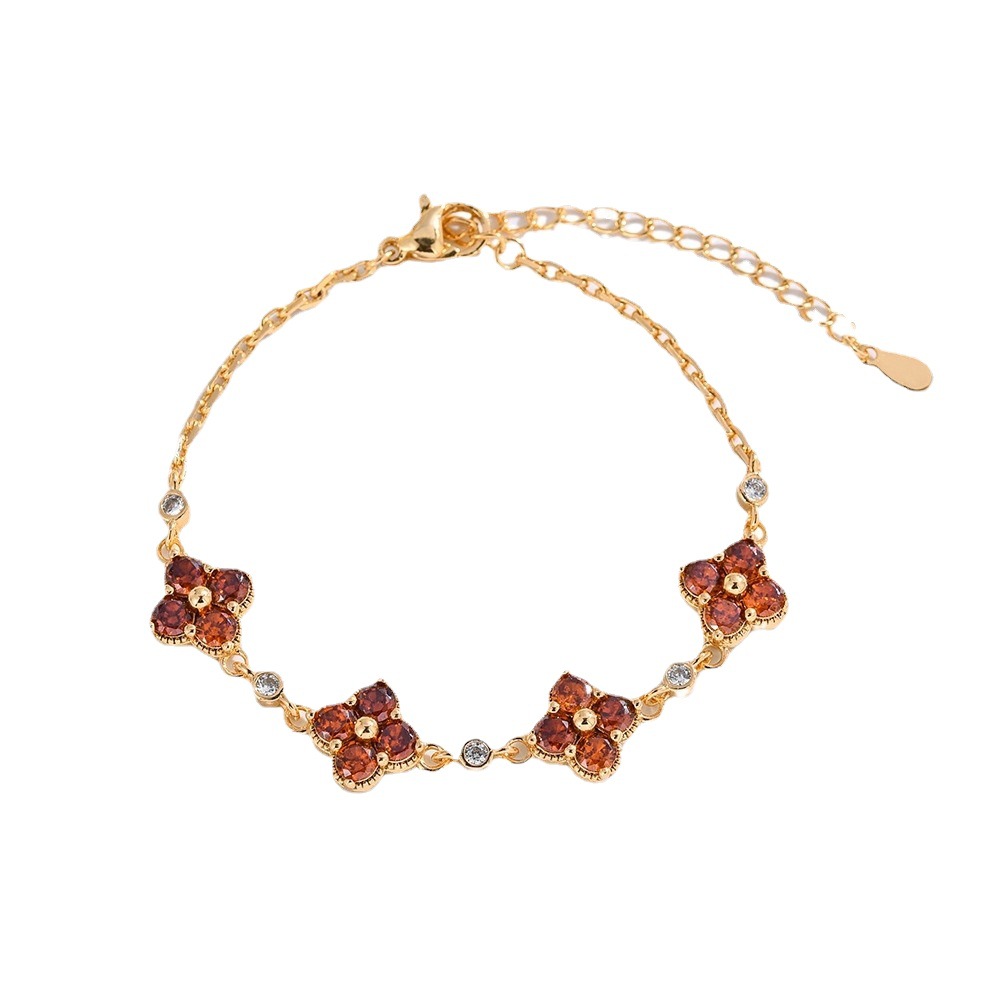 High-End Colorful Gemstone Light Lucky Four-Leaf Flower for Women with Micro-Paved Zirconia, Exquisite Fashion Bracelet