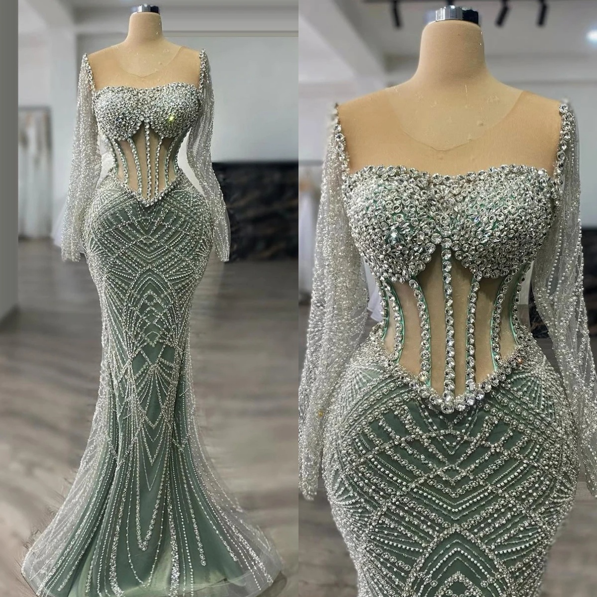 Fashion Evening Dresses O Neck Prom Gowns Rhinestone Sequins Long Sleeves Beading Princess Sweep Train Customized Vestidos De Noche Plus Size