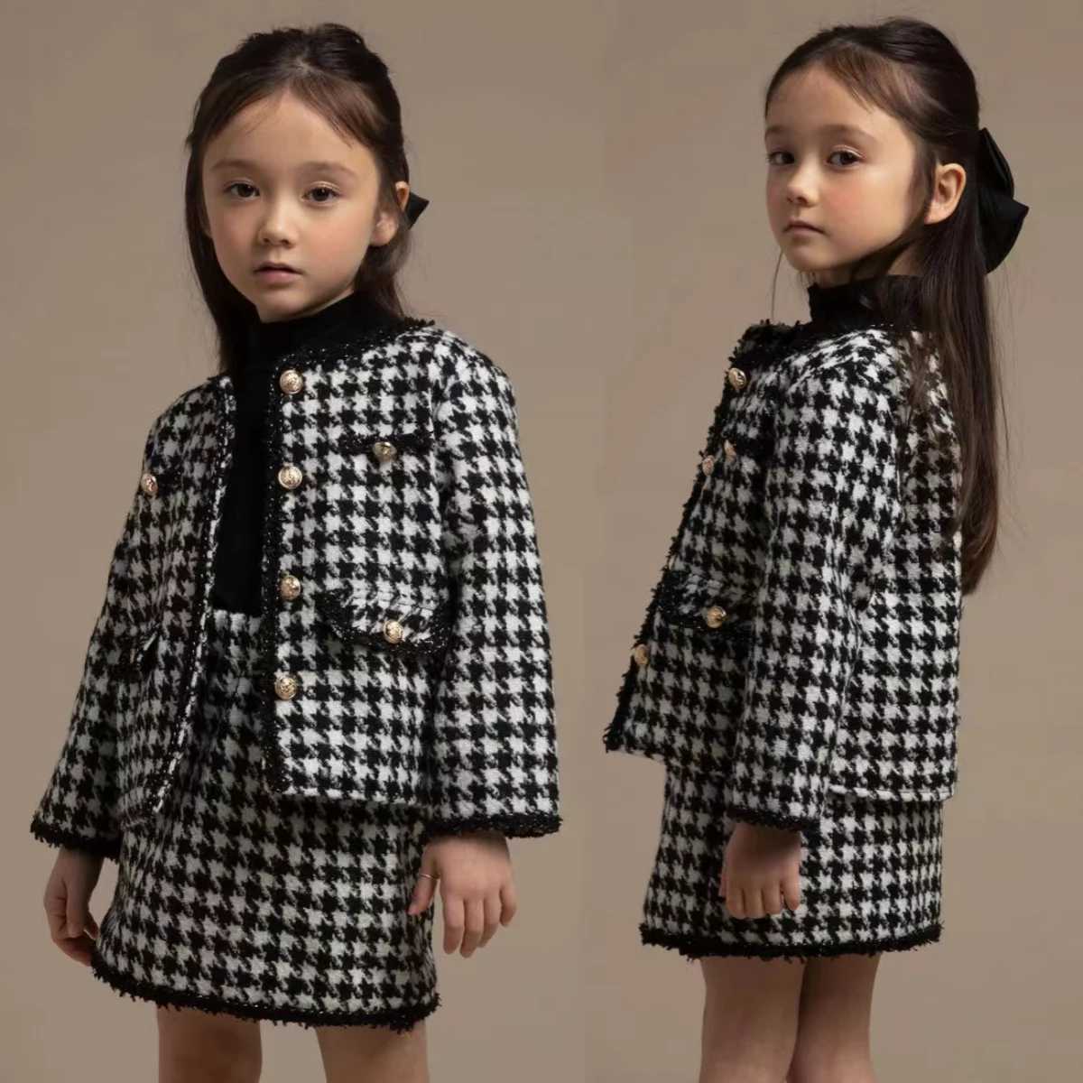 Tweed Kids Clothing Sets 2025 Spring New Girls Elegant Small Plaid coat Skirt Twopiece Set Baby Dresses L250926BMCW