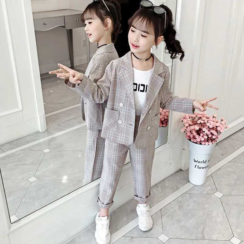 Blazers Suit for Girls Autumn Plaid Jackets Pants Pleated Skirt Two Pieces School Uniform Children Clothes Formal Wear 10 12 Y L250926YHJD