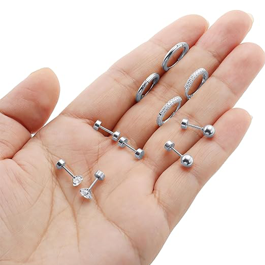 16 Pairs Small Stud Earrings Stainless Steel Flat Back Tiny Stud Earring Huggie Hoops CZ Ball Disc Stud Screw Back Cartilage Earring Set for Multiple 