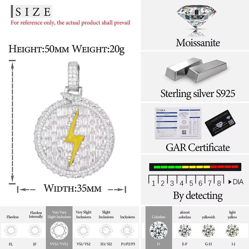 2023 New Design Hip Hop Jewelry 925 Sterling Silver Baguette VVS Moissanite Diamond Enamel Plated Round Pendant