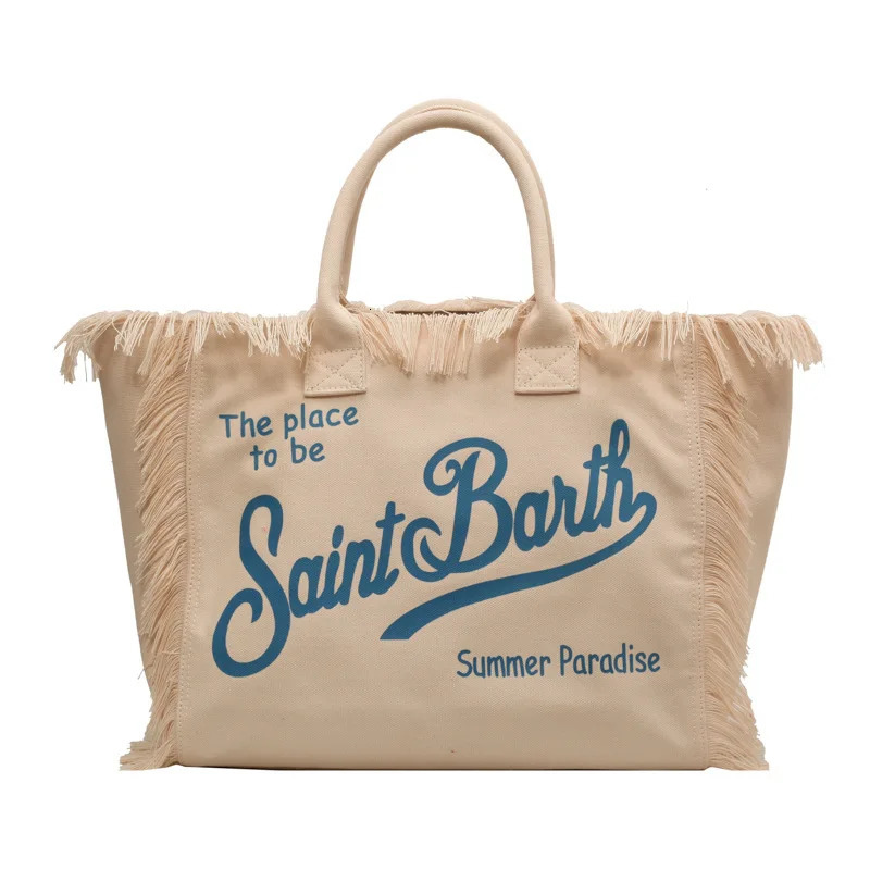 Saint Barth European American Womens Large Shoulder Bag Casual Beach Canvas Striped Tassel Tote Travel Bag 250922