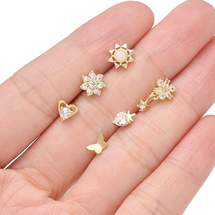 12Pcs Nose Rings Stud L Shape Cubic Zirconia Butterfly Flower Eye Moon Butterfly Heart Snake Shape Nose Studs Piercing Jewelry Gold Plated 20G