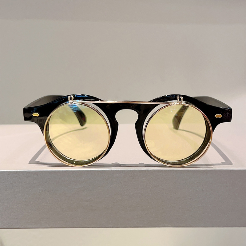 2025 New European American Flip Up Round Frame Sunglasses Punk Retro Rivet Detailed Unisex Sunglasses