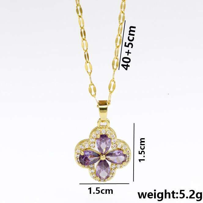 Micro Pave Zircon Violet Four-Leaf Clover Pendant Accessory Titanium Steel Necklace for Women Light Versatile Collarbone Chain