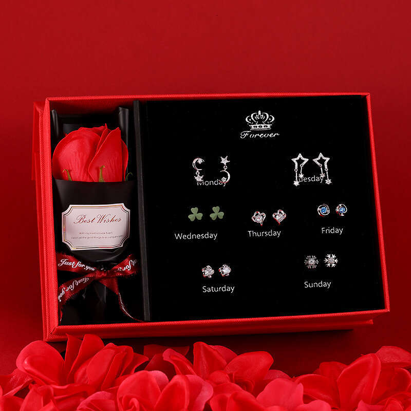 2023 S Sier Needle Earring Set Micro Pave Zircon Fashion Weekly Earrings Valentine's Day Birthday Gift