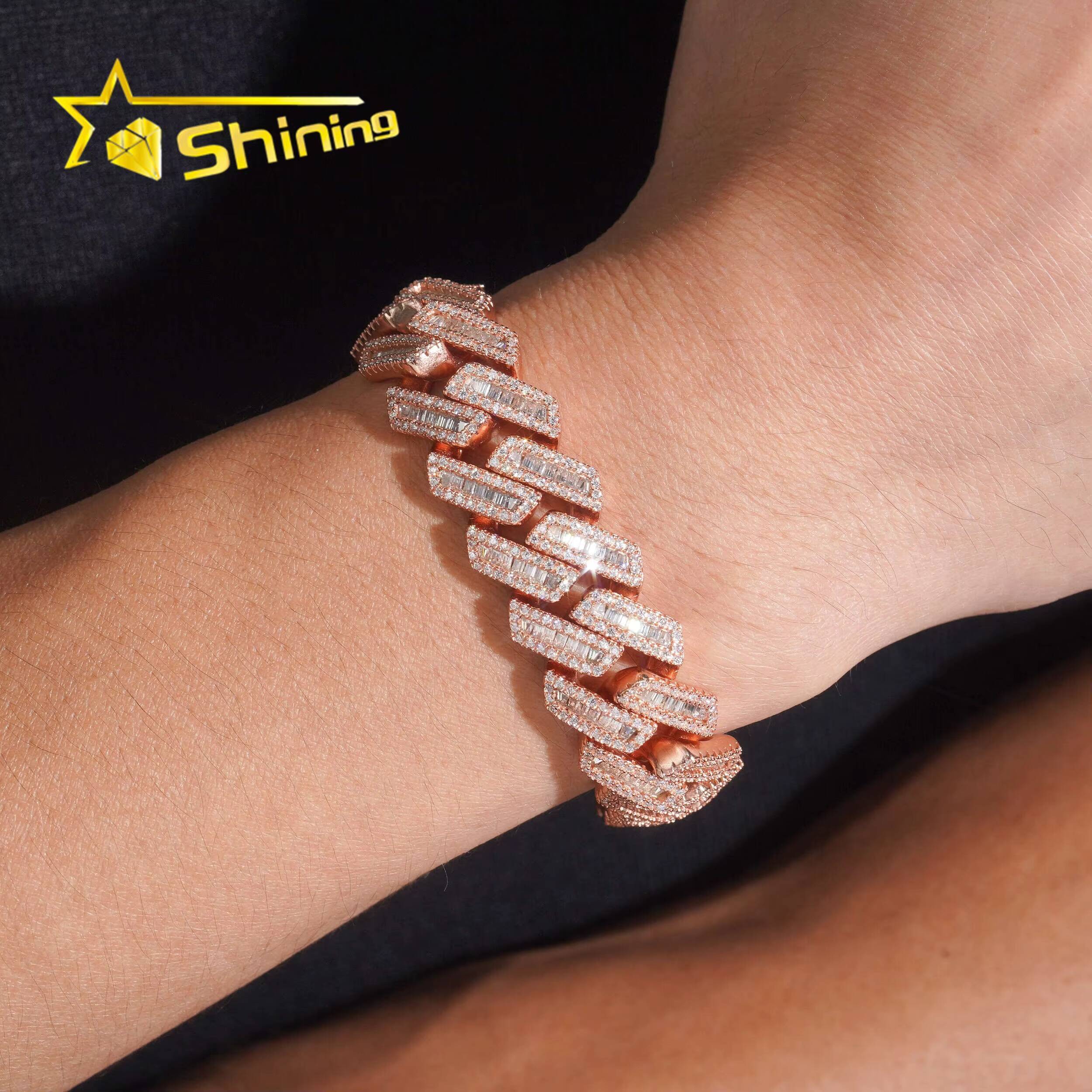 Hip Hop Fine Jewelry 16mm Width Baguette Diamond 925 Silver Rose Gold Men Moissanite Cuban Link Bracelet