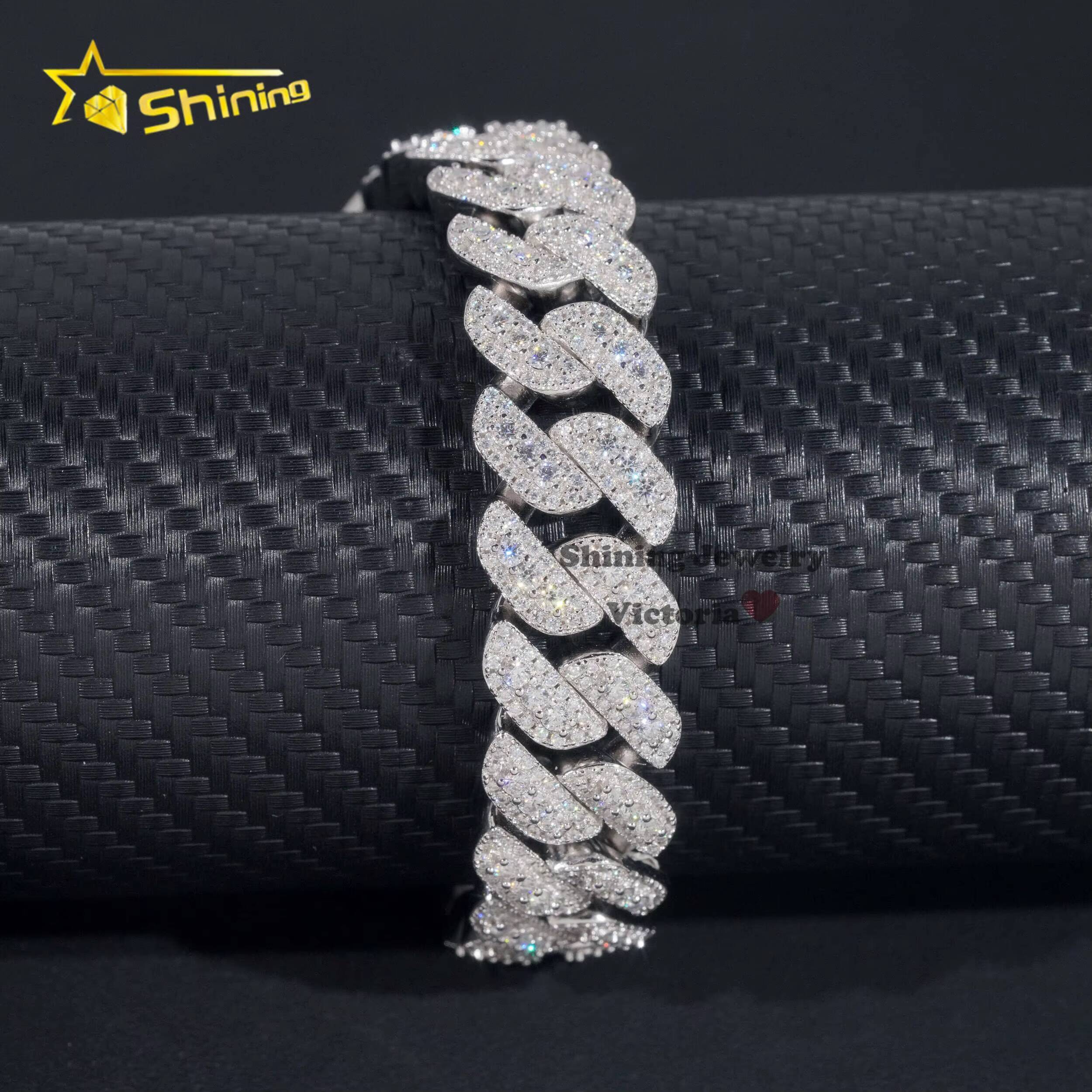 Iced Out Mens Jewelry Hip Hop Sparkle 925 Sterling Silver 15MM VVS Moissanite Diamond Three Rows Cuban Link Bracelet