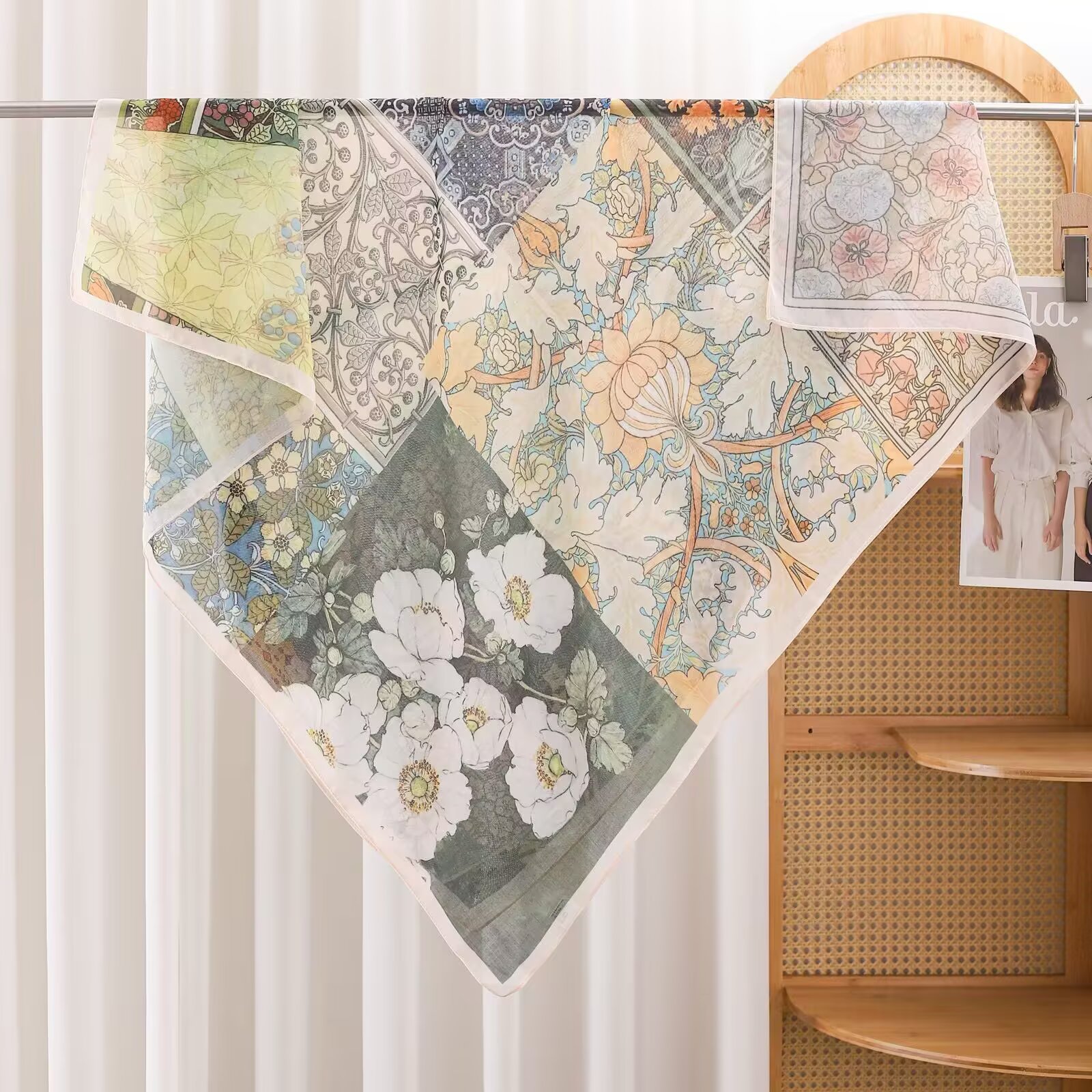 Versatile 110X110Cm Retro Polyester Cotton Square Scarf Warm Wrap For Travel Office Party Daily Commute