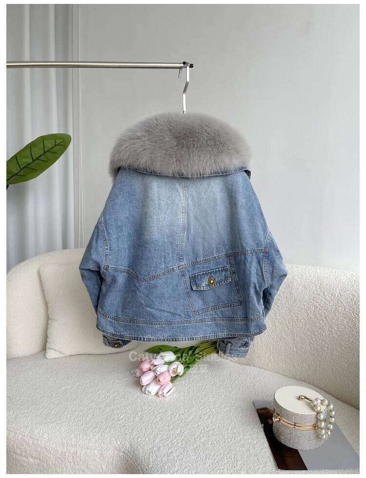 Spring 2025 New Womens Coats Real Fox Fur Collar Fashion Short Denim Jacket Goose Down Puffer Jackets 100% Natural