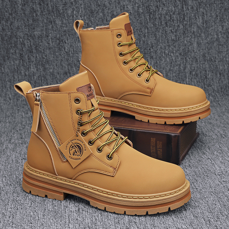 New Yellow Autumn Winter British Style High Top with Cotton Lining Work Short Fleece Zipper Martin Boots for Men