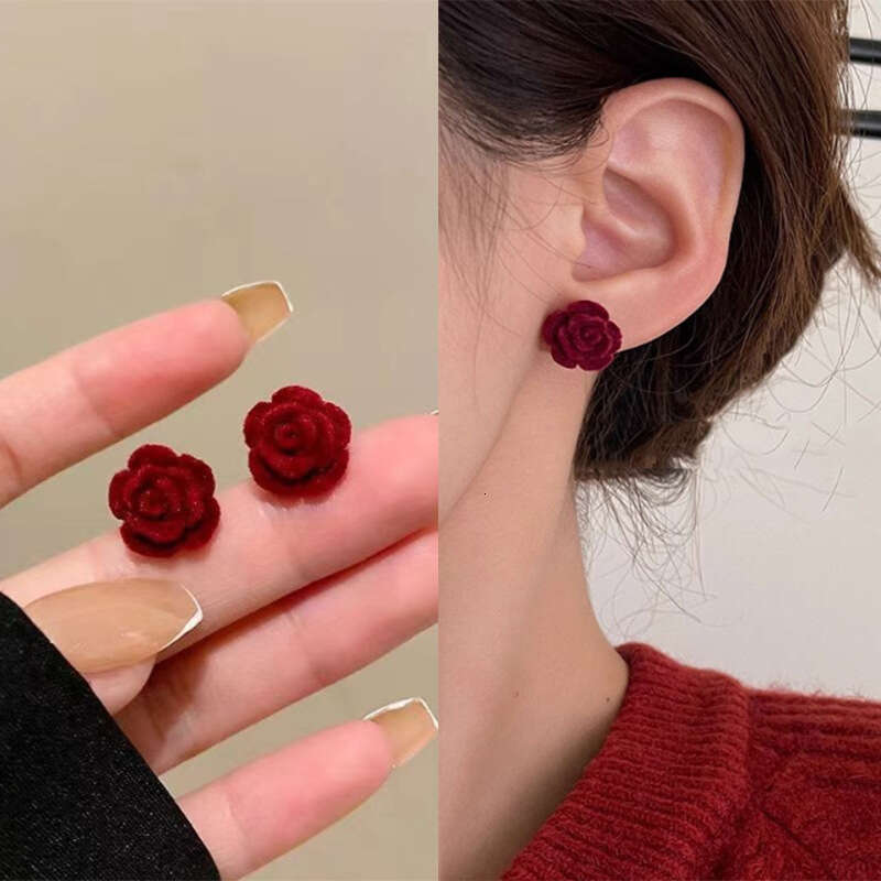 Sier High-End Flocked Flower Elegant Light Fashion Studs Versatile Niche Earrings