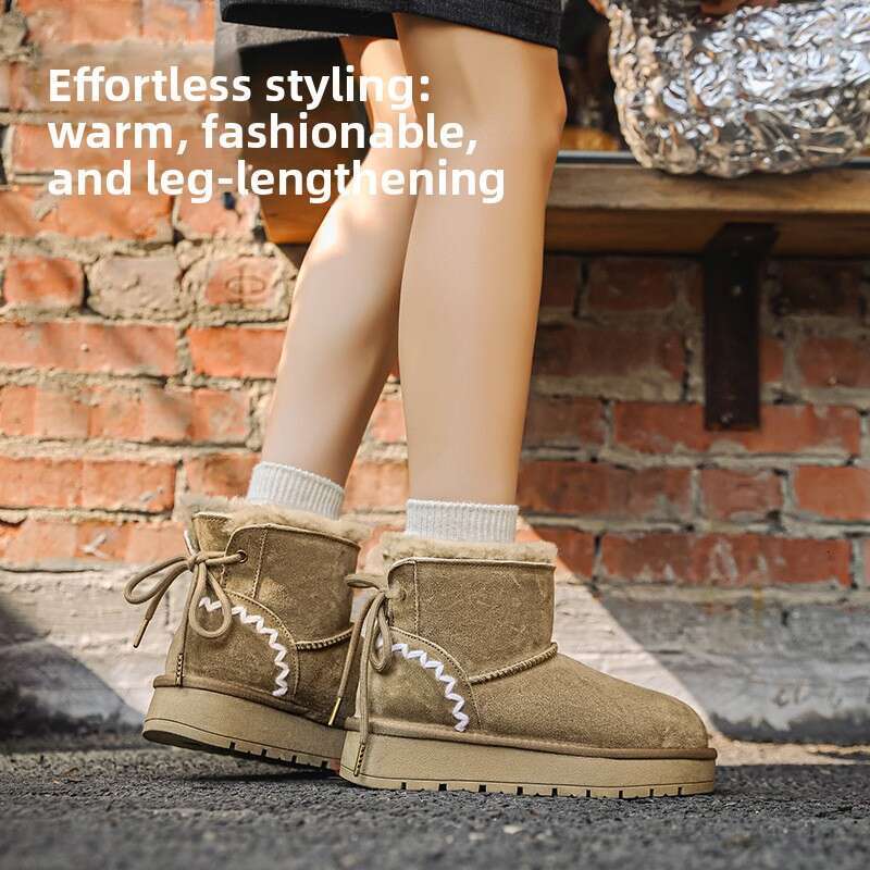 Sheepskin Wool Integrated Thick-Soled Snow Boots for Women with Bowknot Short Tube Thickened Warm Fleece-Lined 2024 Winter Cotton Shoes