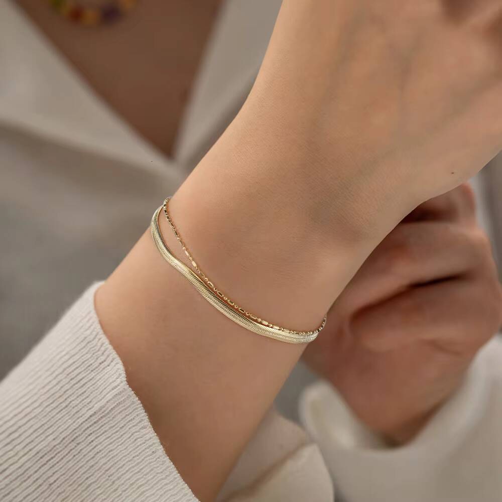 SB195 RINNTIN Solid 925 Sterling Silver Italian Flexible Flat Herringbone Chain Bead Bar Chain Adjustable Layered Bracelet