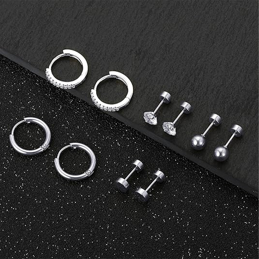 16 Pairs Small Stud Earrings Stainless Steel Flat Back Tiny Stud Earring Huggie Hoops CZ Ball Disc Stud Screw Back Cartilage Earring Set for Multiple 
