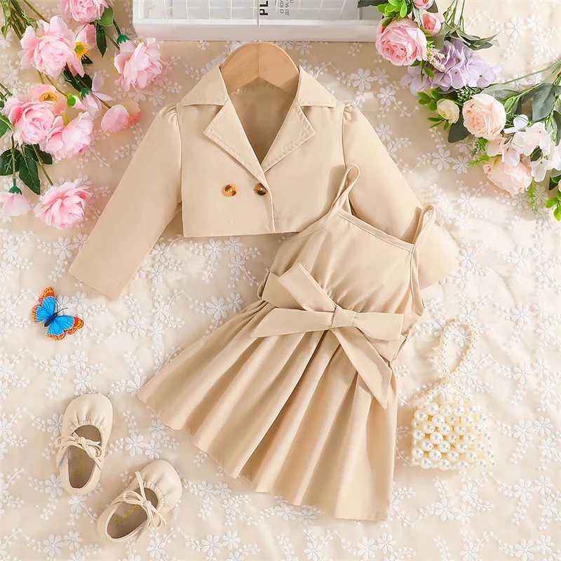 Little Girl 2 Pcs Dress Outfit Solid Color Long Sleeve Lapel Jacket with Cami Dress Spring Outfits L250926ZNIC