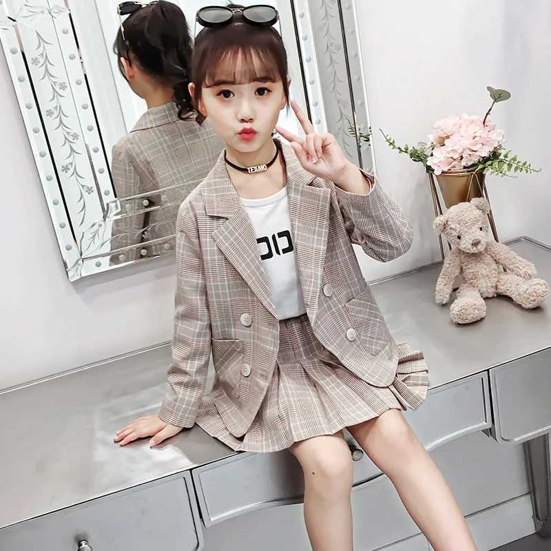 Blazers Suit for Girls Autumn Plaid Jackets Pants Pleated Skirt Two Pieces School Uniform Children Clothes Formal Wear 10 12 Y L250926YHJD