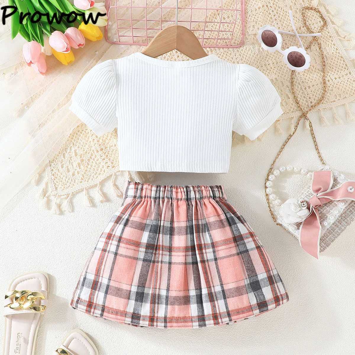 Prowow 37Y Girl School Outfits Short Sleeve Front Bowknot Tshirt and High Waist Plaid Skirt 2pcs Sets For Children Clothing L2509269IF7
