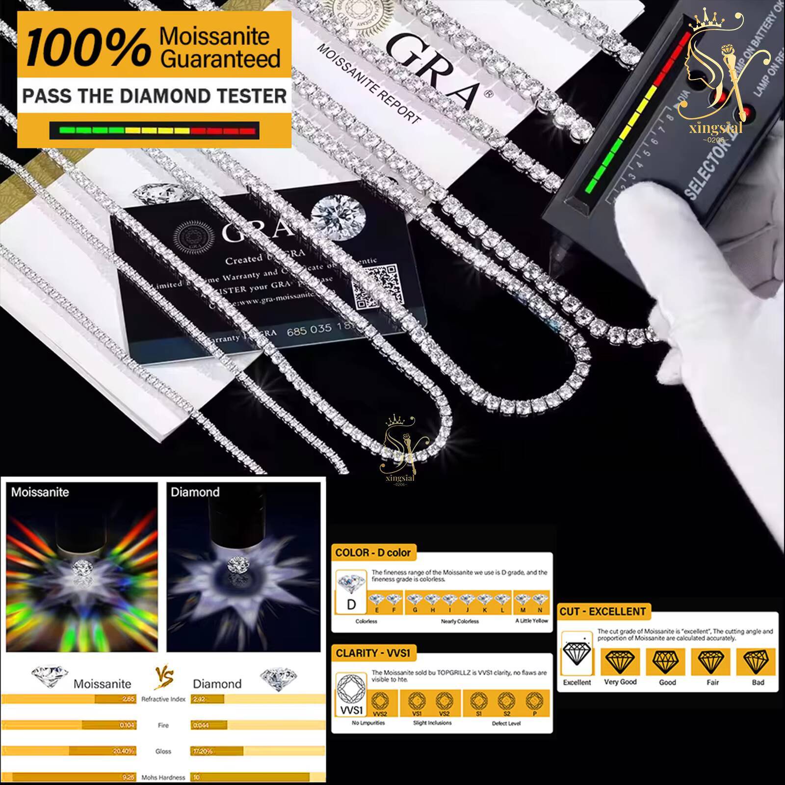 Luxury Men Women Hip Hop Iced Out Fine Jewelry Simulate Diamond 18k Gold Plated 925 Silver VVS Moissanite Tennis Chain Necklace