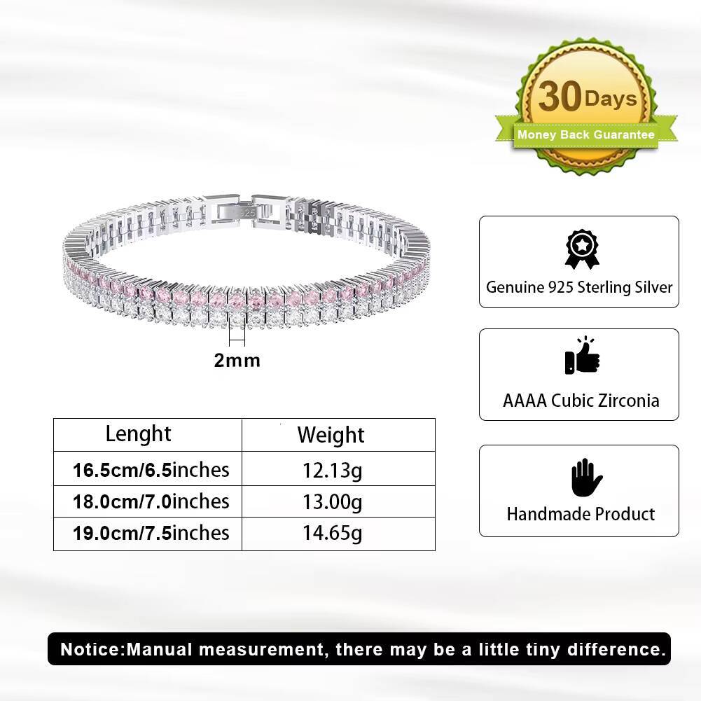 SB158 RINNTIN Rock 925 Silver Fine Jewelry 2 Rows 20mm Prong Setting Round Cut PinkWhite CZ Tennis Bracelet for Women