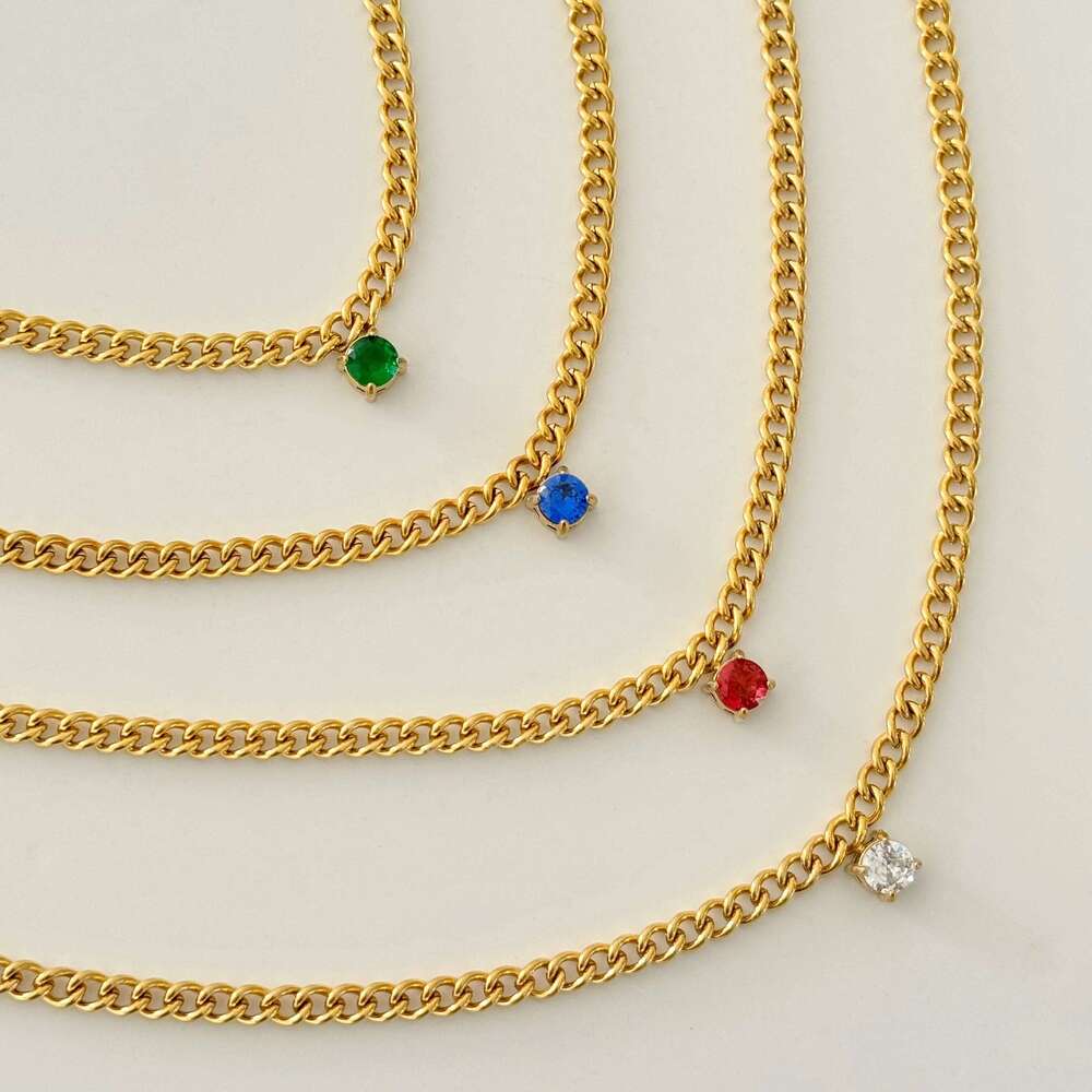 DASEIN New Pvd Gold Plated Colorful Round Zircon Cuban Chain Necklace Stainless Steel Jewelry for Women Girls