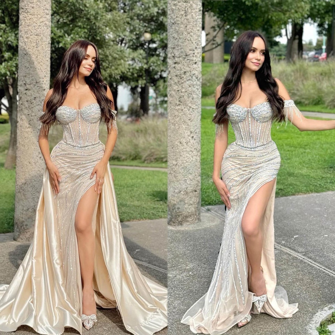 Elegant Off Shoulder Evening Dresses Side Slit Sweep Train Mermaid Prom Gowns Sequins Tassel Special Occasion Custom Made
