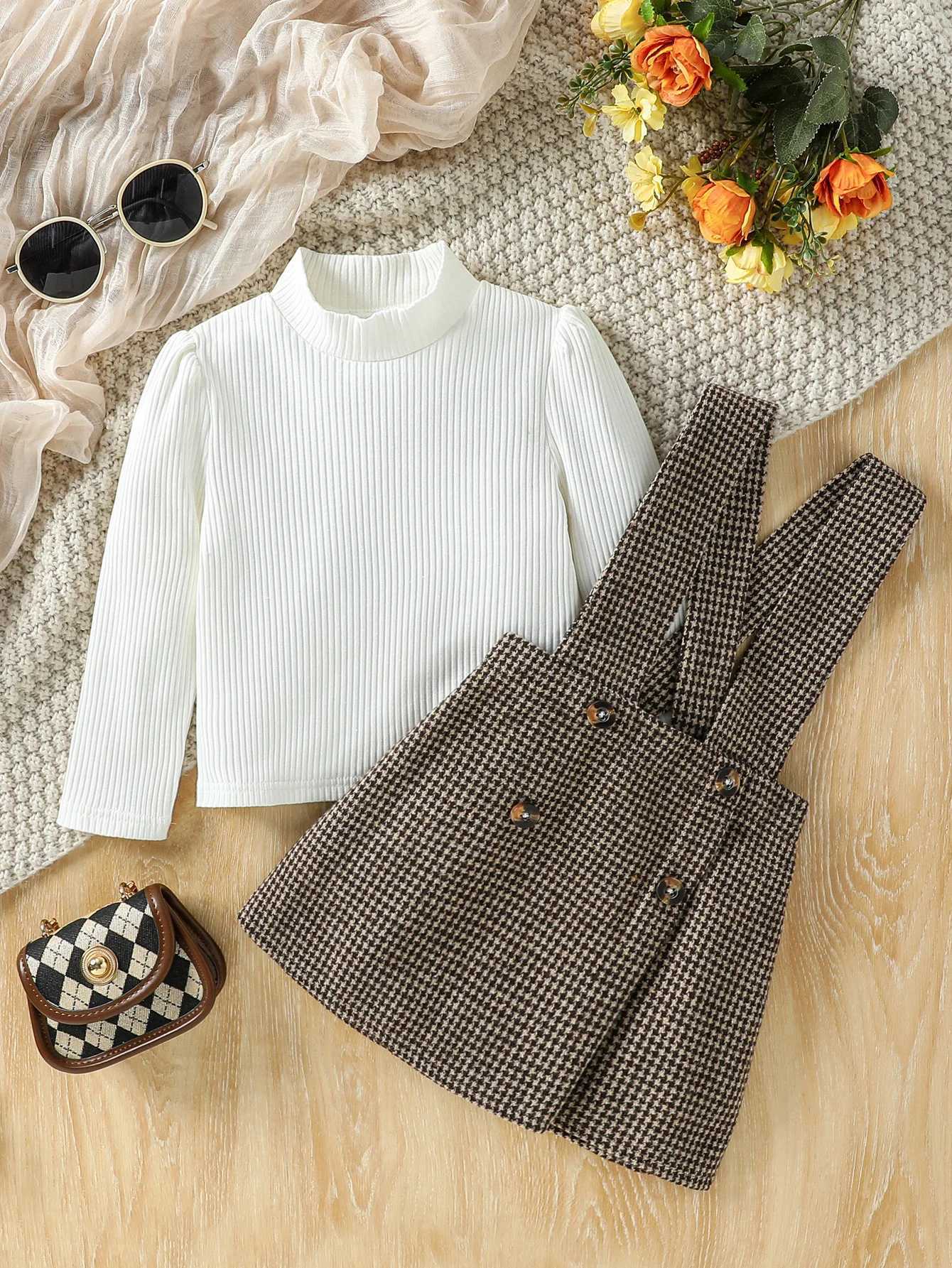 26 Years Kid Girl Solid Long Sleeve Top Plaid Strap Skirt Set Fashion Cute All Match Wear Autumn Winter Party Outifit Clothes L2509268I1I