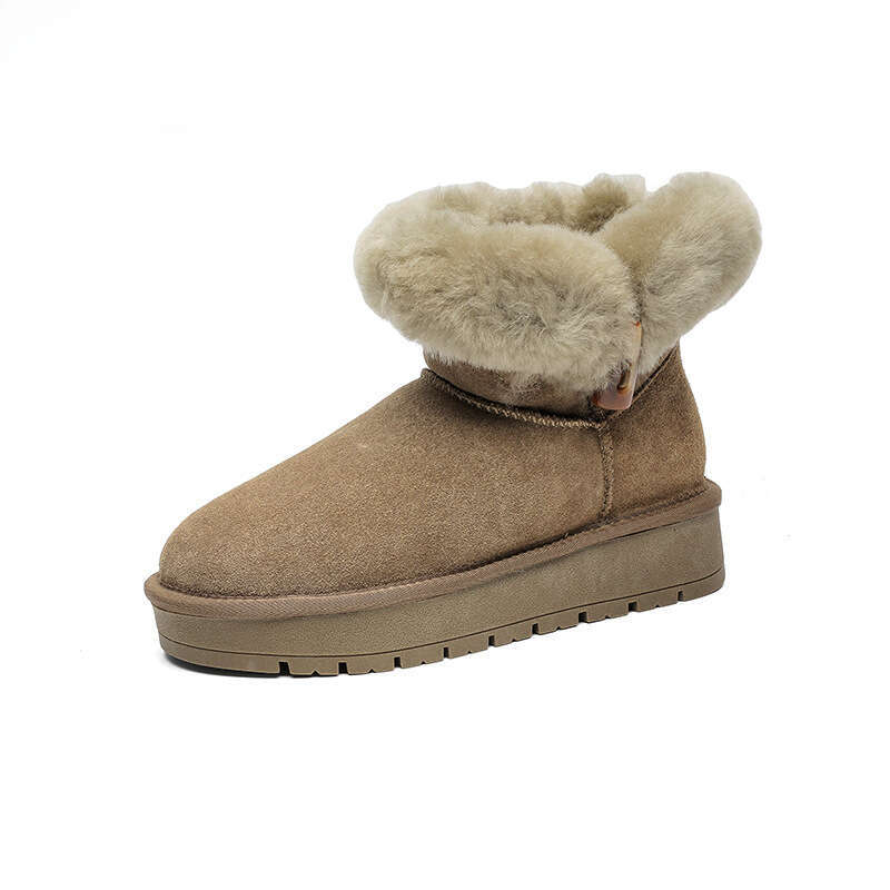 Sheepskin Thick-Soled Snow Boots for Women with Horn Buckle, Short Tube, Thickened, Warm, Fleece-Lined, New Winter 2024