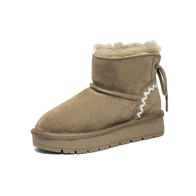Sheepskin Wool Integrated Thick-Soled Snow Boots for Women with Bowknot Short Tube Thickened Warm Fleece-Lined 2024 Winter Cotton Shoes