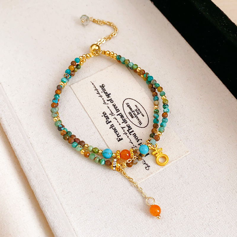 Gold - Toned Multi - Layer Beaded Bracelet With Colorful Stone Accents, Lucky Symbol And Tassel Detail Delicate Daily & Elegant Jewelry Gift For Her H