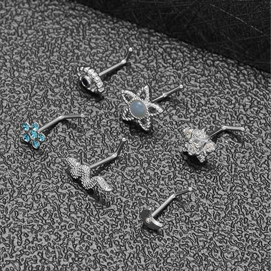 12Pcs Nose Rings Stud L Shape Cubic Zirconia Butterfly Flower Eye Moon Butterfly Heart Snake Shape Nose Studs Piercing Jewelry Silver Plated 20G