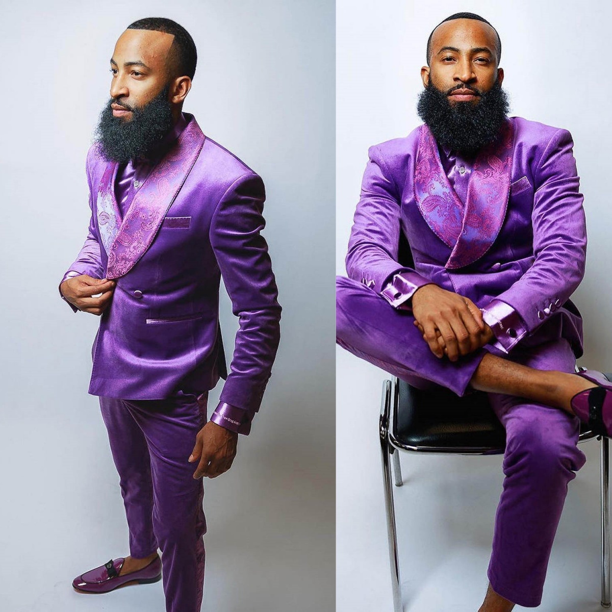 Royal Gentleman Suits 2 Pieces Pattern Shawl Lapel Purple Wedding Groom Tuxedos Party Male Velvet Prom Blazers Costume Homme