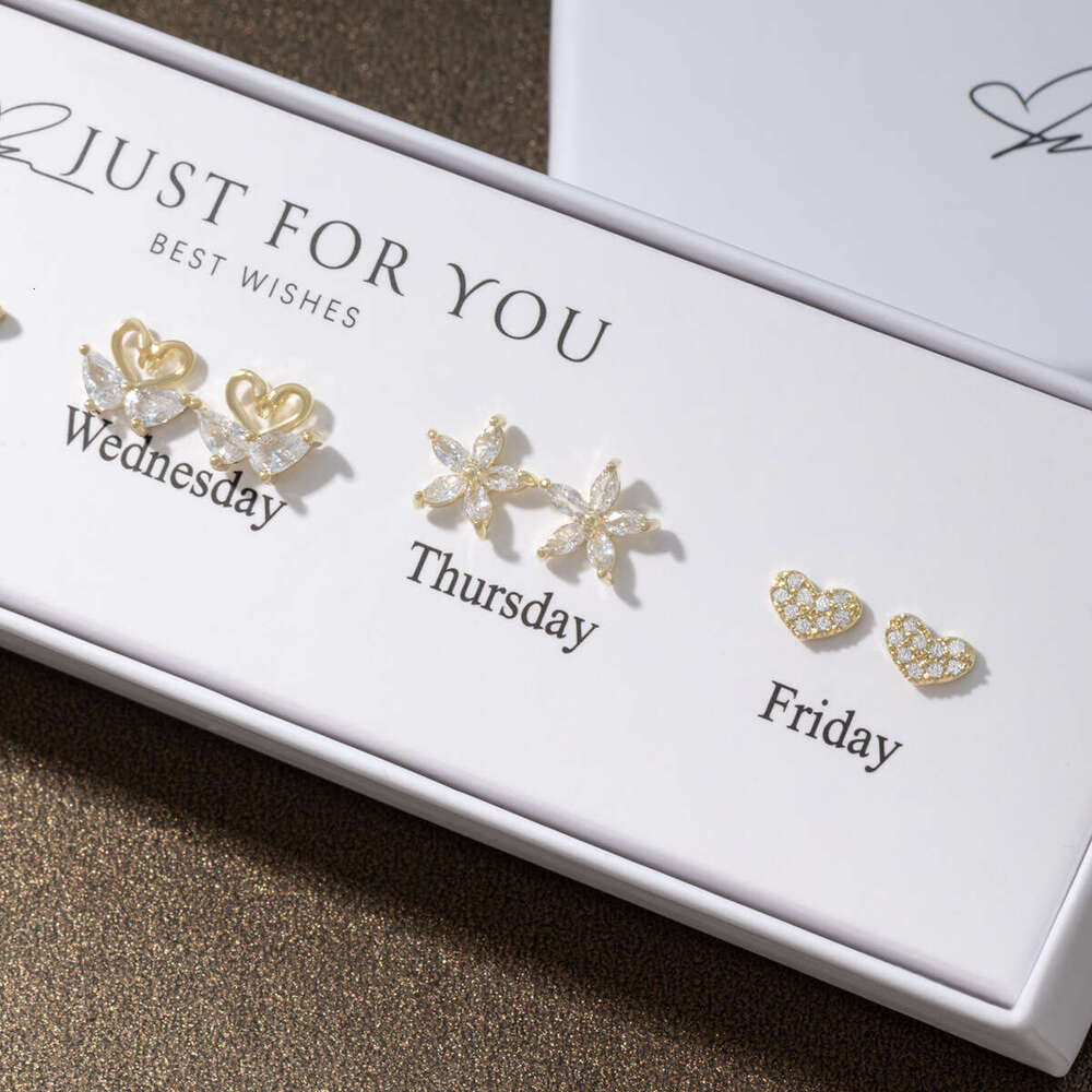 24 New Set S Sier Needle Jewelry for Women Little Cat Heart Earrings Weekly Series