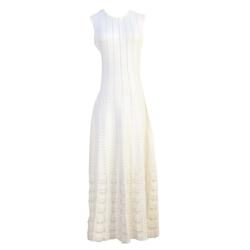 S family spring and summer new design sense hollow sleeveless vest long dress French sexy off-shoulder beaded sleeveless evening dress female knitted 