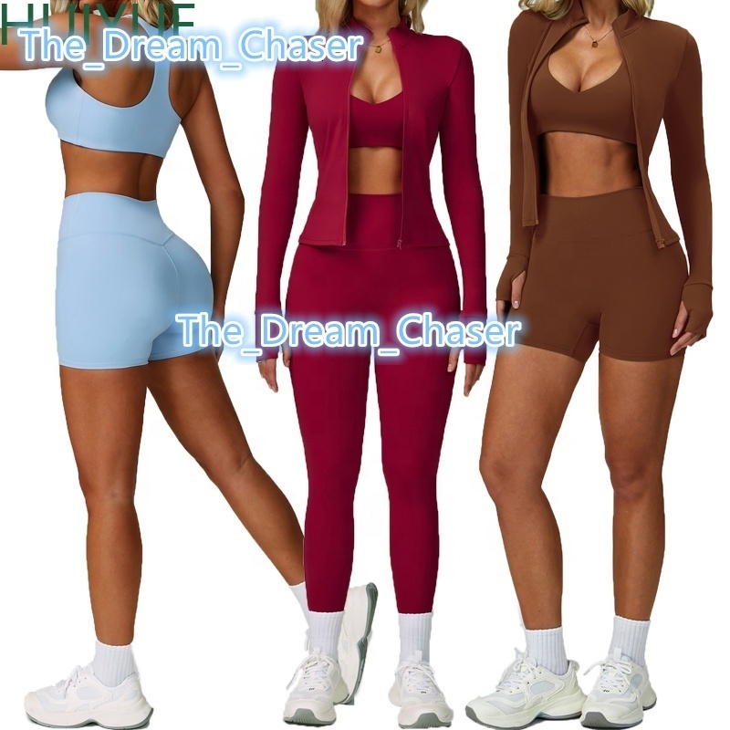 Custom Women Sports Bra Long Sleeve Zip up Jacket High Waist Yoga Leggings Fitness 4 Piece Gym Set