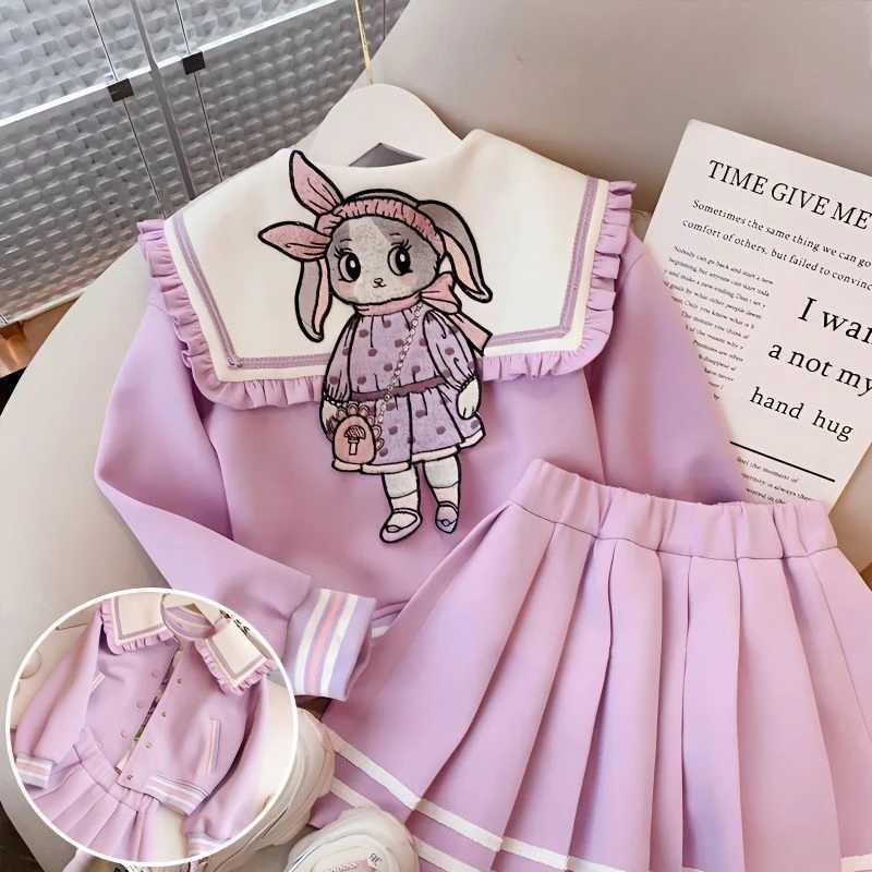 Childrens Clothing Sets Rabbit Embroidered Lapel Coat Pleated Skirt 2pcs Sets Kids Clothes Girls Clothes Set 4 To 15 Years L250926RCZH