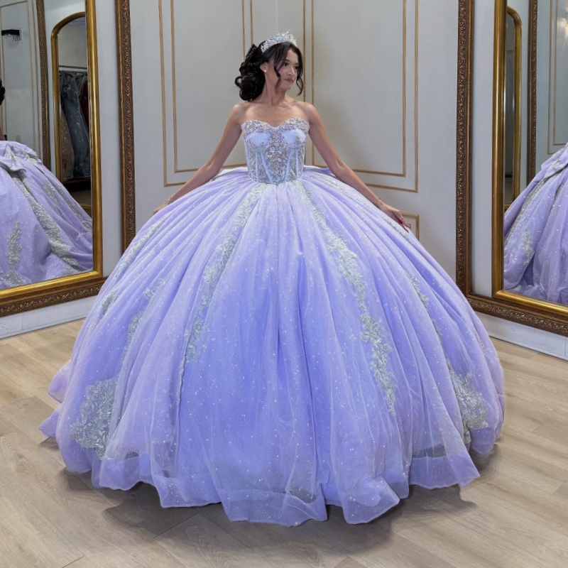 Lavender Shiny Quinceanera Dresses Off The Shoulder Applique Lace Beading Crystal Bow Corset Tull Party Birthday Sweet 16 Dress Vestidos 15 Anos